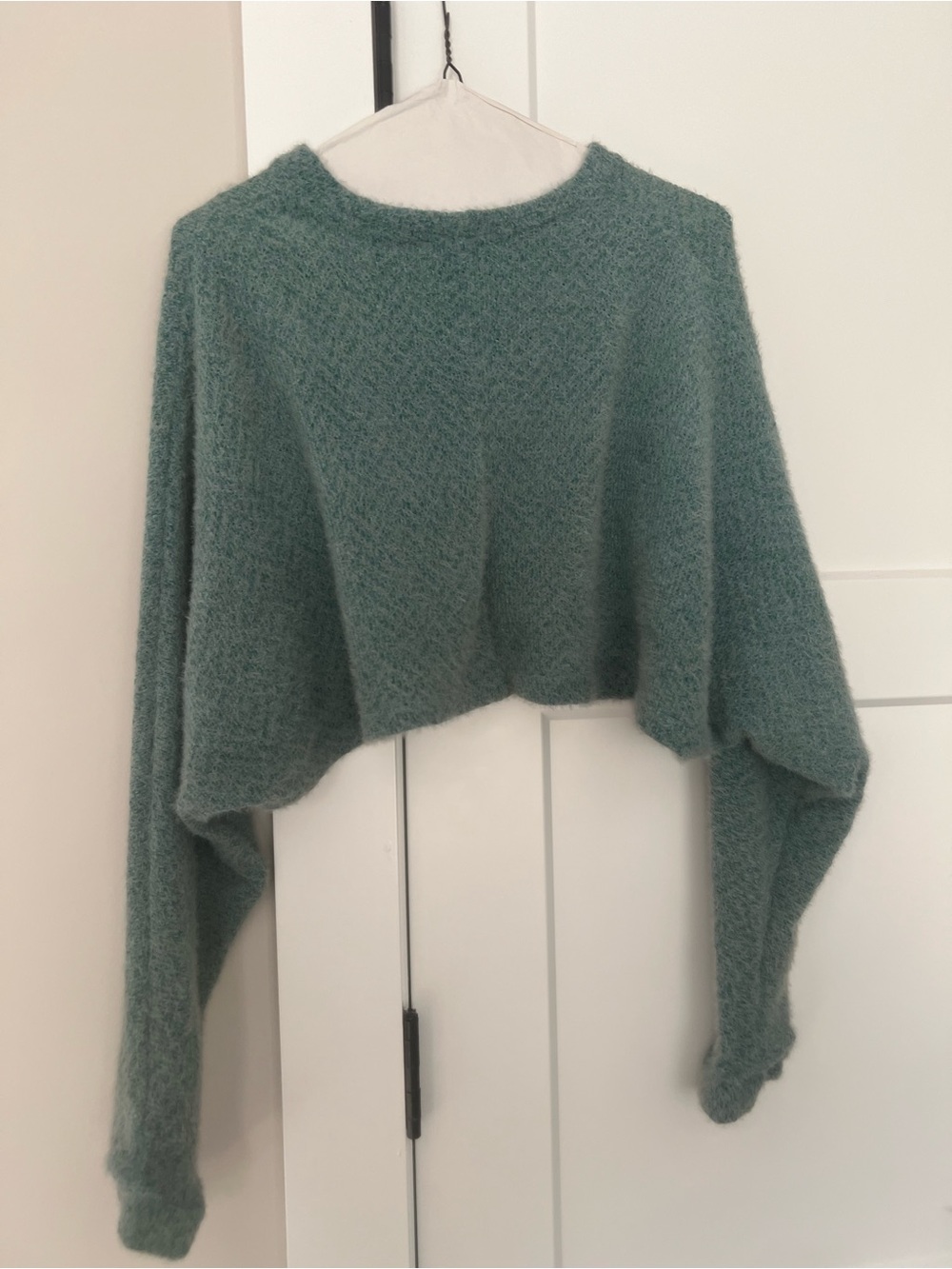 Jolie Fuzzy Cropped Crewneck Sweater in Dusty Teal